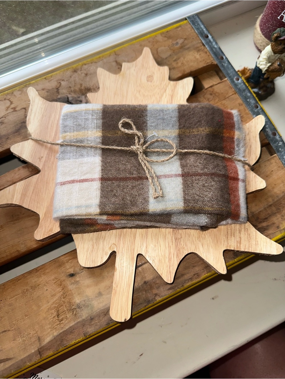 Maple Leaf Wood Cheese Serving Board with Fall Cloth -Gift Set ~ New